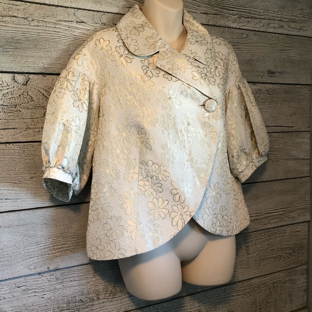 Manoush Gold Metallic Thread Floral Cream Blazer Puff Sleeve Size 38/Small